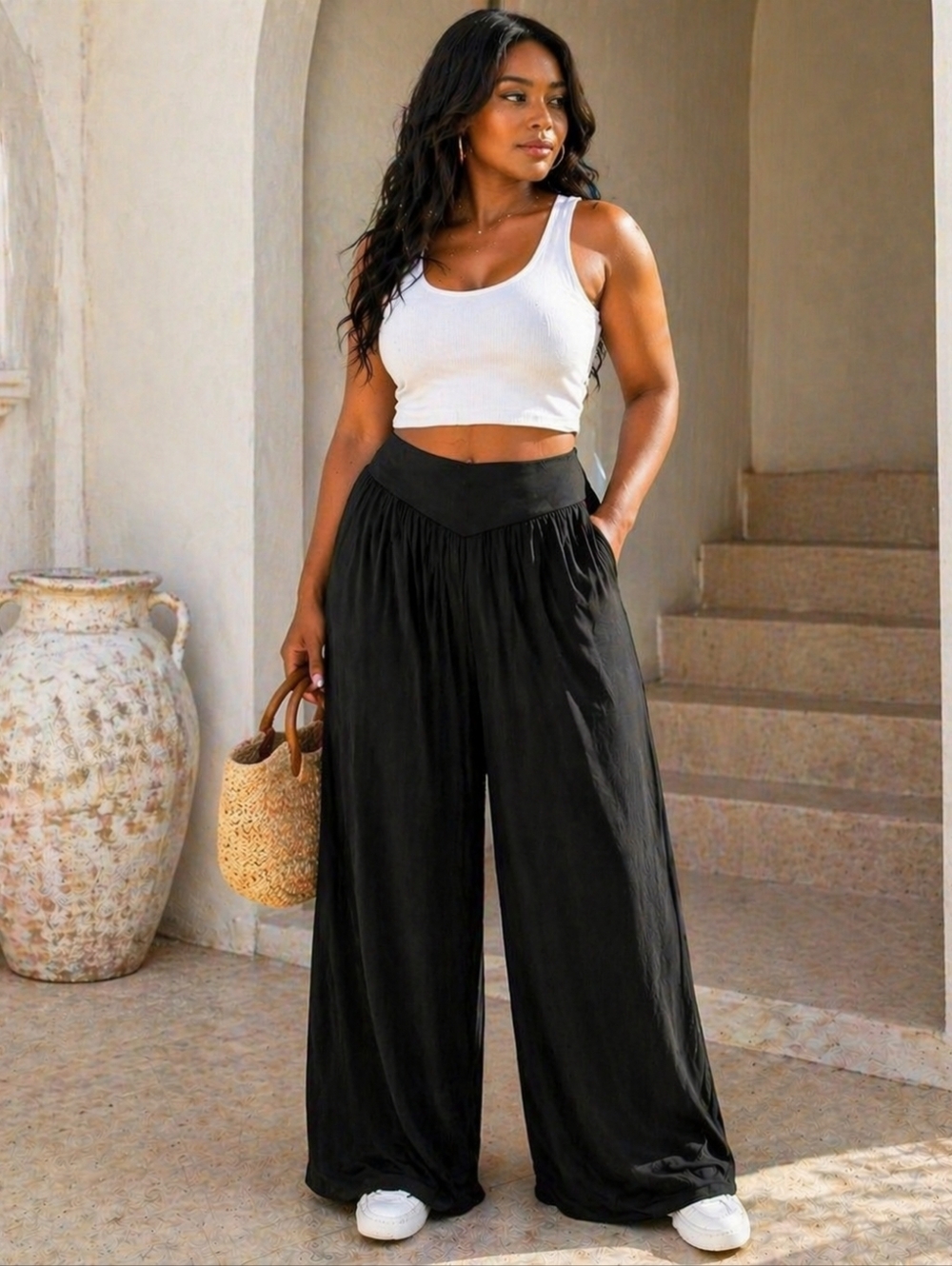 Flowy Wide Leg Black Pants | High Waist Chic Lounge Dressy Travel 2X